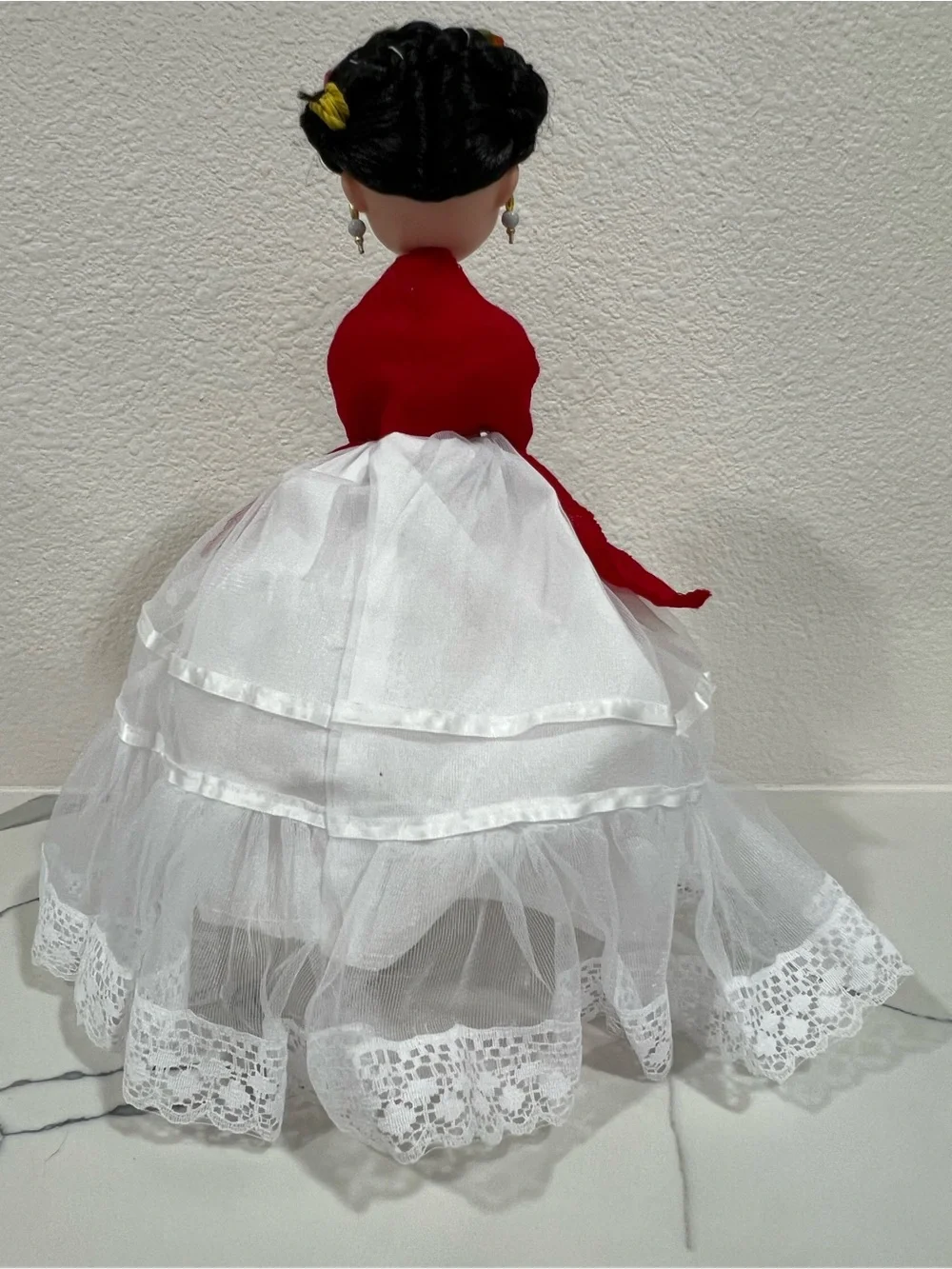 Frida-Style Girls Costume Dress with Red Shawl and White Skirt